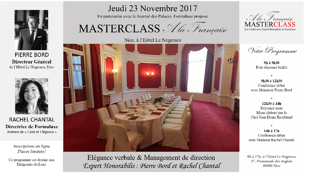 Masterclass Formaluxe “A la Française” 23 Novembre Hôtel Le Negresco Nice